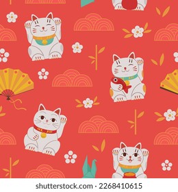 asian cat pattern. china fortune symbols cats neki masks and lanterns. Vector traditional authentic collection seamless background svg