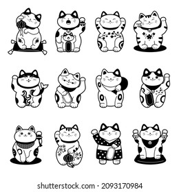 Asian cat. Stylized monochrome labels of maneki neko traditional asian animal of lucky and fortune recent vector pictures isolated