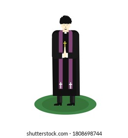 Asian Catholic priest. The pastor reads a prayer, holds a cross, bible and gospel. Cartoon flat vector illustration. Objects isolated.