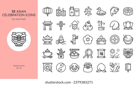 Juego de iconos de celebración asiática. Lantern, Dragon Dance, Asian Food, Tea Ceremony, Mooncake, fuegos artificiales y más. Colección de símbolos culturales y tradicionales de vectores editables.