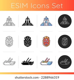 Asian ceremonial icons set. Taiwanese theatre attributes. Chiang kai shek palace. Oyster omelette. Asian street food. Linear, black and RGB color styles. Isolated vector illustrations