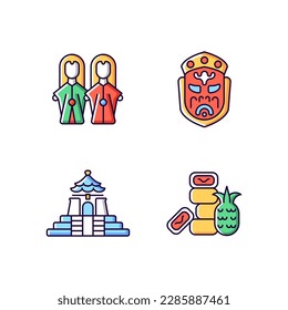 Asian ceremonial RGB color icons set. Isolated vector illustrations. Taiwanese theatre attributes. Oriental entertainment props. Cultural values. Sweet food simple filled line drawings collection


