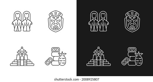 Asian ceremonial white linear icons set for dark theme. Taiwanese theatre. Oriental entertainment props. Customizable thin line symbols. Isolated vector outline illustrations. Editable stroke