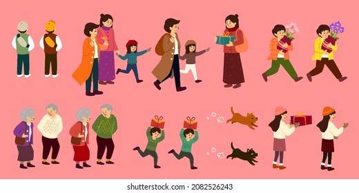 Asian characters for CNY. Hand-drawn collections of people doing various activities including gift giving, visiting relatives, bringing new plant home on Spring Festival