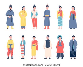 Asian characters. People in traditional outfits, chinese korean japanese clothes style. Male female from asia, national ethnic recent vector characters