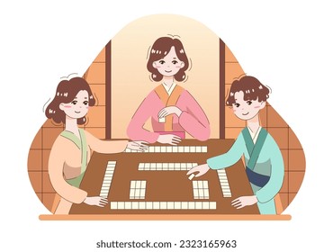 Asian characters playing mahjong together. People in traditional clothes playing a chinese board game. Three players, woman and man with tiles. Flat vector illustration