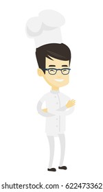 Asian cheerful chief cook in uniform and hat standing with arms crossed. Young asian chef cook. Full length of confident male chief cook. Vector flat design illustration isolated on white background.