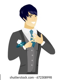 Asian cheerful groom showing golden ring on his finger. Young joyful groom with wedding ring on a finger. Vector flat design illustration isolated on white background.