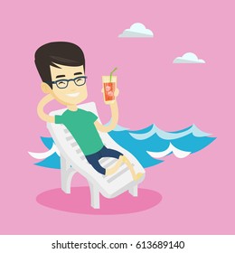 Asian cheerful man drinking a cocktail on a beach chair. Young joyful man sitting on a beach chair. Happy man resting on a beach chair with cocktail. Vector flat design illustration. Square layout.