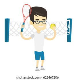 Asian cheerful sportsman playing tennis. Smiling tennis player standing on the court. Male tennis player holding a racket and a ball. Vector flat design illustration isolated on white background.