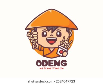 Design de mascote asiático chef cartoon com odeng, modelo de logotipo de comida, ilustração vetorial em estilo de contorno.