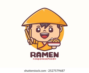 Asian chef cartoon mascot design with japanese noodle ramen, food logo template, vector illustration in outline style.