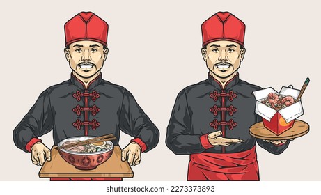Asian chef colorful set emblems with tom yam soup on tray in hands worker of Thai restaurant vector illustration