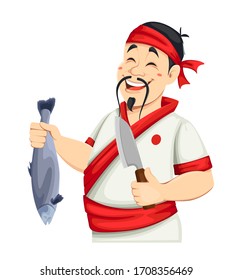 Asiatischer Koch, der Fisch und Messer hält. Schöner japanischer Koch-Cartoon-Charakter.  Vektorgrafik.