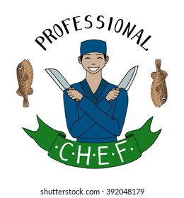 Asian chef with knifes. Profession. Smiling chef in uniform. Oriental cuisine. Hand drawn vector illustration. Can be used for restaurant menu and flyers.