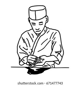 Asian chef making sushi at the restaurant - vector illustration sketch hand drawn with black lines, isolated on white background