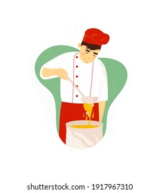 Asian chef person cooking soup in restaurant on white