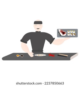 An Asian chef prepares sushi. He stands at the table in a black coat.