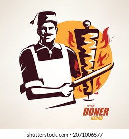 asian chef preparing doner kebab illustration, outlined symbol in vintage style, emblem, label or logo template