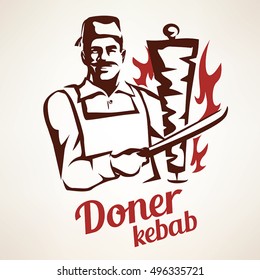 asian chef preparing doner kebab illustration, outlined symbol in vintage style, emblems and labels or logo template