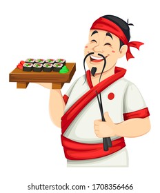 Asian chef preparing sushi. Handsome Japanese cook cartoon character. Vector illustration.