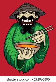 asian chef serving hot spicy thai spicy soup vector illustration