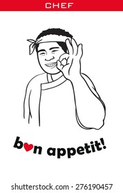 Asian chef which give okay sign on white background