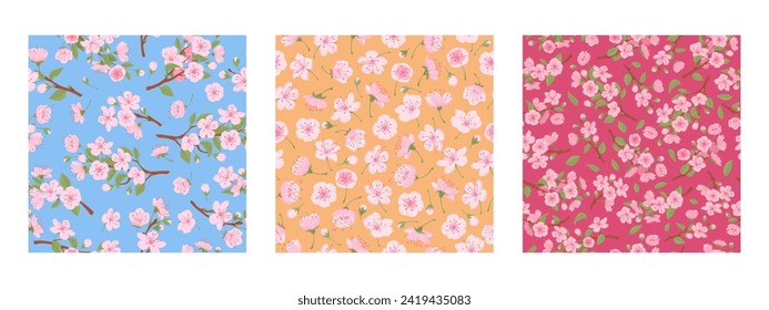 Patrones asiáticos de flores de cerezo. Sakura floreciente sin costura, cerezo de primavera baja el conjunto de interminables ilustraciones de fondo vectorial plano de diseño. Colección de patrones de flores de Sakura