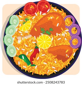 Asian Chicken Biryani Plate Top View Illustration. Garnished with Cucumbers, Cherry Tomatoes, Onions, Chilies, Lemon and Parsley 