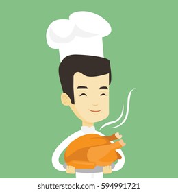 Asian chief cook in uniform and cap holding roasted chicken. Chief cook with whole baked chicken. Chief cook holding plate with just fried chicken. Vector flat design illustration. Square layout.