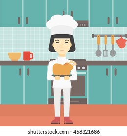 An asian chief cooker holding roasted chicken in the kitchen. Chief cooker with whole baked chicken. Chief cooker with fried chicken. Vector flat design illustration. Square layout.