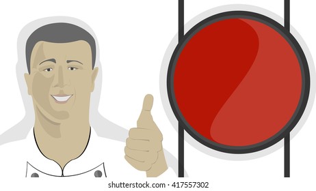 Asian chief in uniform with thumb up. Advice. New delicious and fresh food. Red background. Chineese and japanese. Template.