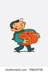 asian child with big pumpkin between arms. Character of boy, funny style, isolated.