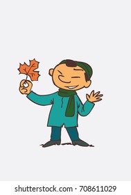 asian child looking with interest at an autumn leaf. Character of boy, funny style, isolated.