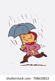 asian child running in the rain with an umbrella. Character of boy, funny style, isolated.