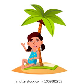 Asian Child Sitting On The Sand On The Beach Under Palm Tree Vector. Isolated Illustration