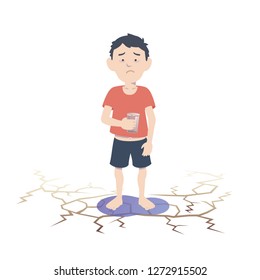 Asian child suffering from lack of water. Flat vector illustration.