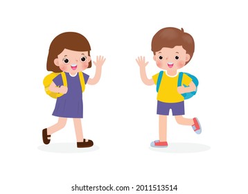 asian children with the backpack saying goodbye to schoolmates Cartoon characters Boy and Girl school kids going to school isolated on white background vector illustration