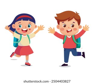 asian children with the backpack saying goodbye to schoolmates Cartoon characters Boy and Girl school kids going to school isolated on white background