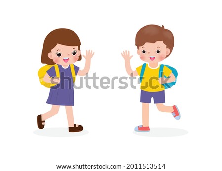 asian children with the backpack saying goodbye to schoolmates Cartoon characters Boy and Girl school kids going to school isolated on white background vector illustration