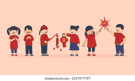 Asian children celebrate lunar new year. Chinese children wear red national costume. Isolated illustration of children celebrate lunar new year.