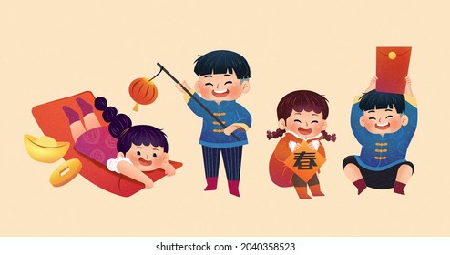 Asian children character collection. Chinese new year theme with traditional costumes and various objects. Isolated on beige background.
