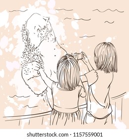 Asian children girls look swimming polar bear in zoo, Hand drawn vector linear illustration on white color blots background, Climate change concept, Save polar bears stop global warming