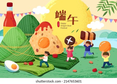 Asian children moving ingredients of zongzi toward the wrapped rice dumplings on the grassland with a sweet chilli sauce. Text of Duanwu Festival on lunar May 5th written on a big moon