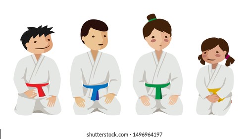 Asian children in uniform. Colorful vector flat illustration. Suitable for oriental martial arts such as aikido, judo, karate, jiu-jitsu, budo