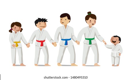 Asian children in uniform hold hands. Colorful vector flat illustration. Suitable for oriental martial arts such as aikido, judo, karate, jiu-jitsu, budo