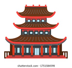 Asian or Chinese building or temple in the traditional style isolated on white background. Traditional asian construction pagoda ancient temple cultural architecture object. Palace roof bent up corner