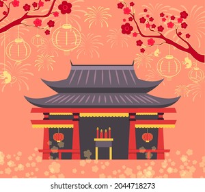 Asian or Chinese building or temple in traditional style, vector poster with flowering cherry trees. Country national symbol for travel with japanese famous landmark old house and sakura in park