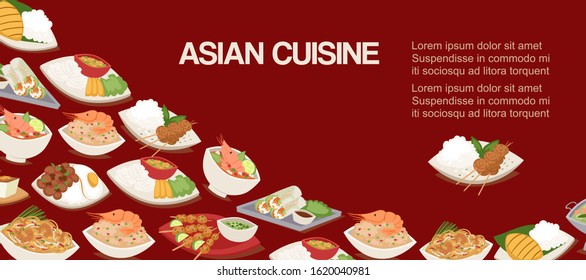 Asian, chinese or japaneese cuisine dishes and meal vector illustration. Asian food spicy shrimp soup, green papaya salad, fried noodles with cashew nuts and fresh lime, spicy green curry poster.