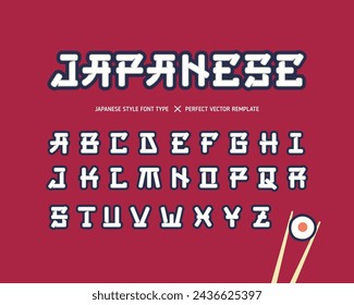 Fuente del tipo de vector del estilo chino asiático y japonés. Tipografía de dibujos animados fuente de estilo japonés. Jeroglífico tipo de fuente para restaurante de comida asiática. Letras japonesas inglesas 